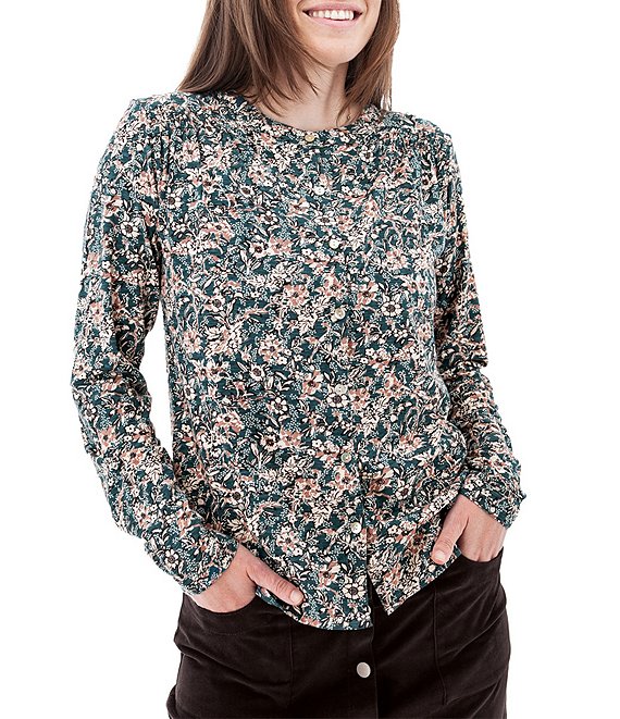 Aventura Amaryllis Floral Print Crew Neck Long Sleeve Smocked Knit Button Front Top, Atlantic Deep - Image 1