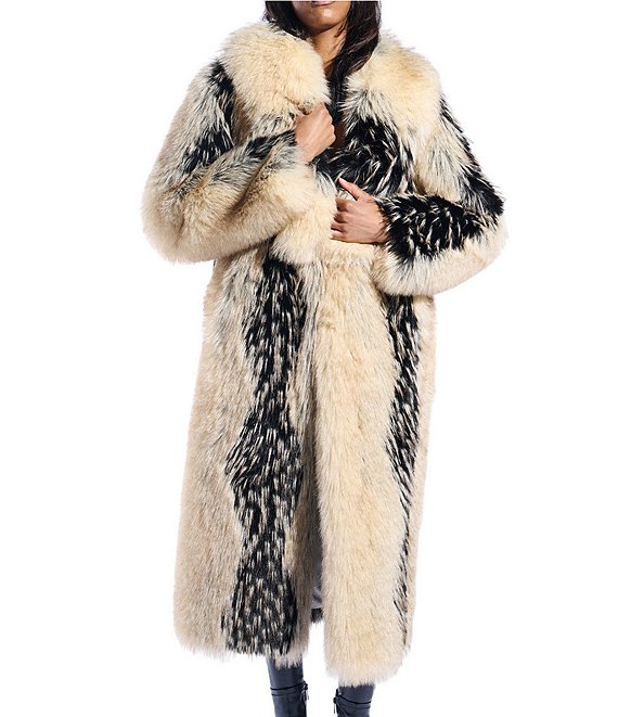 Azalea Wang Aurora Tan Fox Pattern Shawl Collar Oversize Maxi Faux Fur Coat, Beige - Image 1