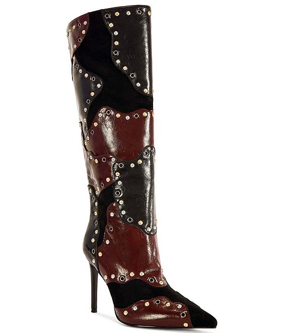 Azalea Wang Enyae Patchwork Grommet Pointed Toe Tall Boots