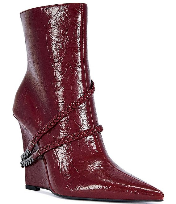 Azalea Wang Jacques Braided Chain Strap Pointed Toe Wedge Booties