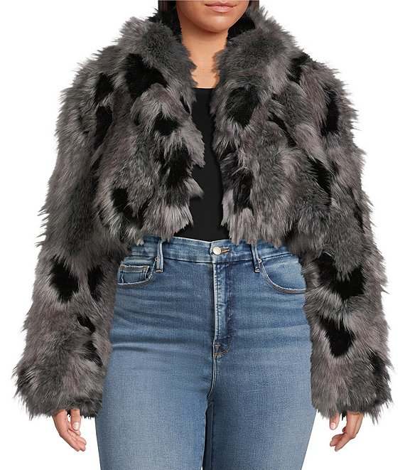 Azalea Wang Plus Size Arias Faux Fur Raccoon Print Oversize Shawl Collar Cropped Jacket, Grey - Image 1