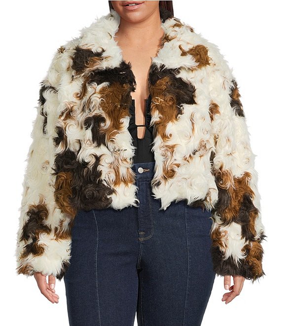 Azalea Wang Plus Size Enora Cream Abstract Cow Print Faux Fur Sherpa Oversize Neck Zip Front Bomber Jacket, Beige - Image 1