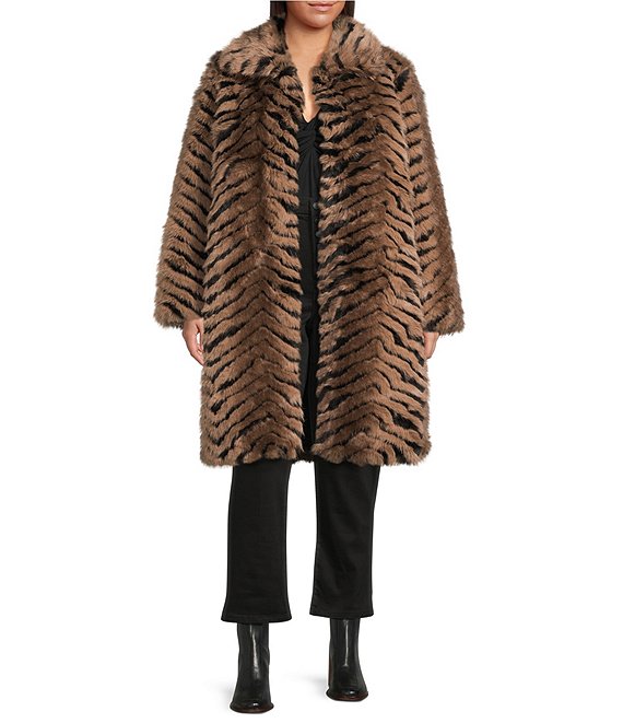 Azalea Wang Plus Size Mirella Oversized Tan Multi Faux Fur Shawl Collared Belted Trench Coat, Dark Beige - Image 1