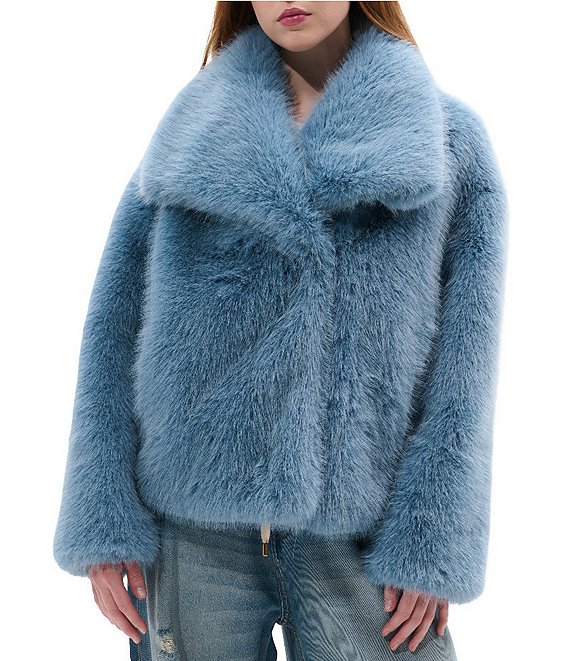 Azalea Wang Regina Sky Blue Faux Fur Shawl Collar Button Front Jacket, Skyblue - Image 1