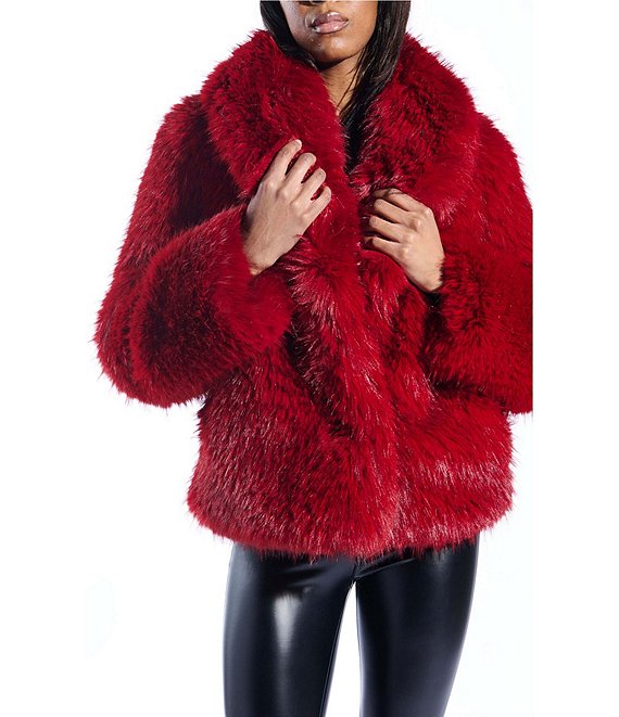 Azalea Wang Simona Faux Fur Oversize Shawl Collar Open Front Jacket, Red - Image 1
