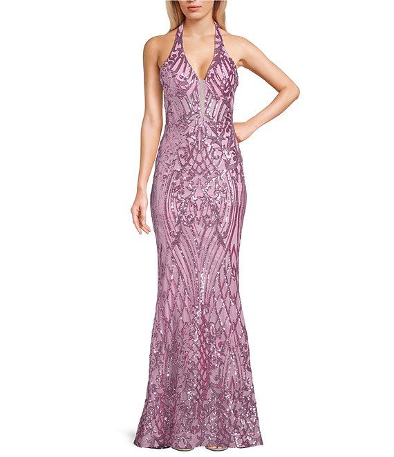 B. Darlin Sequin Pattern Halter V-Neck Contrast Inset Dress, Dark Mauve - Image 1