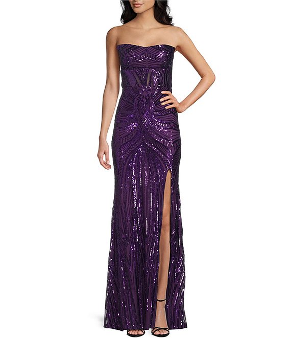 B. Darlin Sequin Patterned Strapless Corseted Lace Up Back Side Slit Dress, Dark Purple - Image 1