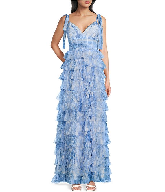 B. Darlin Sleeveless Floral Printed Mesh Shirred Illusion Bodice Tiered Ruffle Ballgown, Off White/Blue - Image 1
