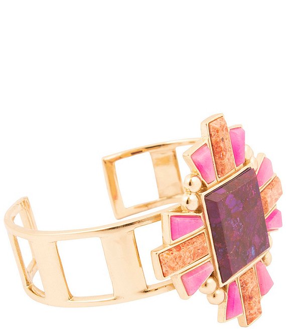 Barse Santa Fe Statement Golden Cuff Bracelet, Purple Turquoise/Agate - Image 1