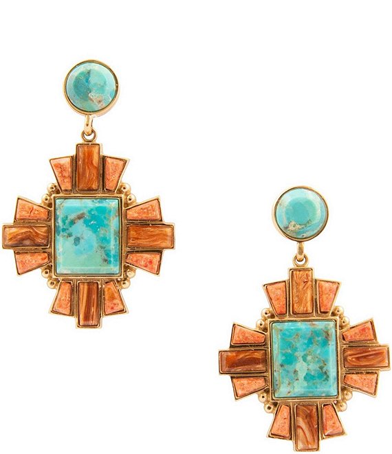 Barse Bronze and Genuine Stone Baguette Drop Earrings, Orange/Blue - Image 1