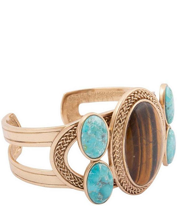 Barse Brown Tiger's Eye Ovation Golden Cuff Bracelet, Brown/Blue - Image 1