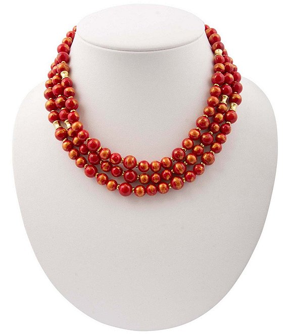 Barse Red Jade Statement Triple Strand Beaded Necklace