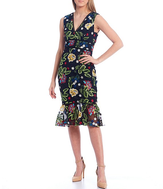 Color:Navy Multicolor - Image 1 - Taylor Floral Embroidered Ruffle Dress