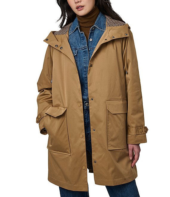 Bernardo Hooded Stand Collar Long Sleeve Draw Cord Raincoat, Desert Sand - Image 1