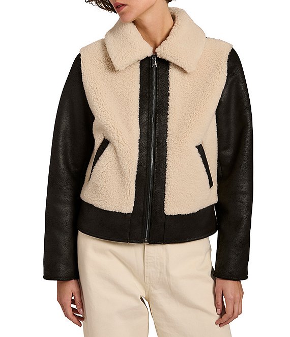 Bernardo Shearling Fur Point Collar Short Zip Front Jacket