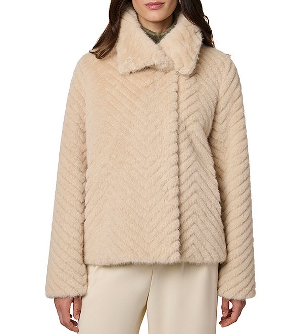 Bernardo Small Chevron Stand Collar Faux Fur Oversized Jacket, Beige - Image 1