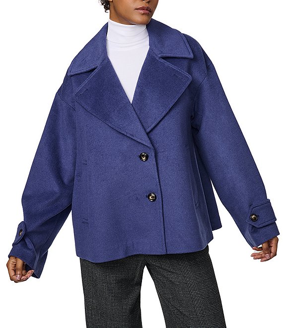 Bernardo Solid Wool Blend Notch Collar Button Front Cropped Peacoat, Future Dusk - Image 1