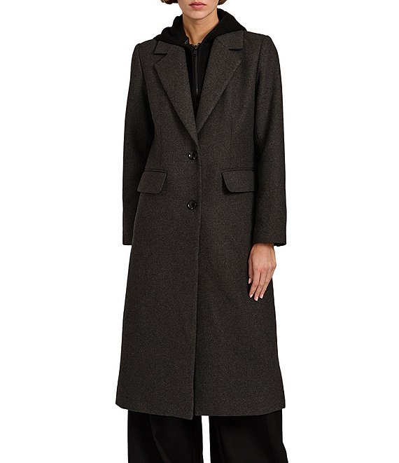 Bernardo Wool Blend Notch Lapel Rib Front Bib Button Front Top Coat