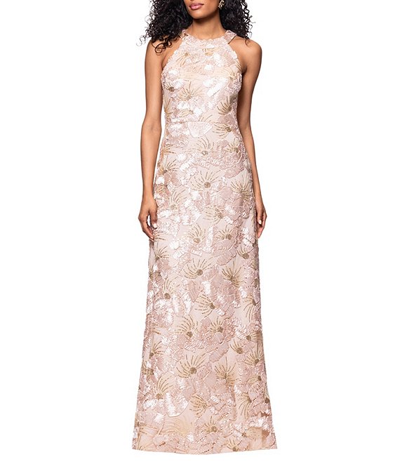 Betsy & Adam Floral Sequin Soutache Halter Sleeveless A-Line Gown, Champagne - Image 1