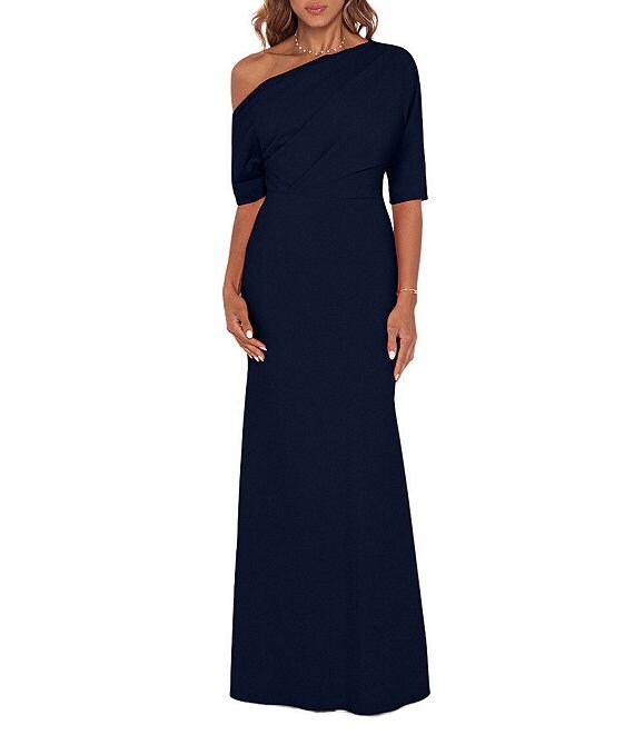 Betsy & Adam Scuba Crepe Asymmetric One Shoulder Short Sleeve Mermaid Gown, Navy - Image 1