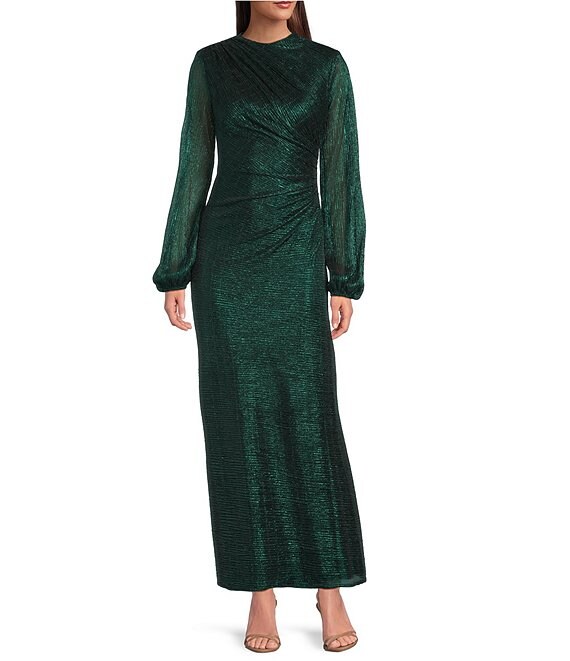Betsy & Adam Petite Size Metallic Crinkle Long Bubble Sleeve Mock Neck Ruched Gown, Black/Emerald - Image 1