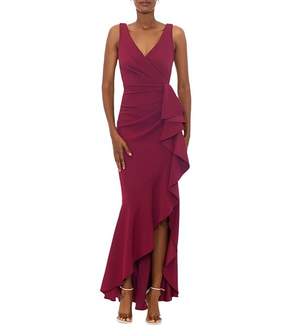 Betsy & Adam Petite Size Sleeveless V-Neck Spiral Ruffle Cascade Gown, Bordeaux - Image 1