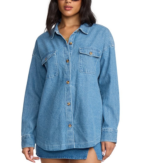 Billabong Fadeaway Long Sleeve Denim Shacket Top, Salt Washed - Image 1