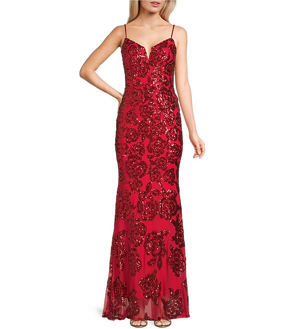 Blondie Nites Sequin Rose Patterned Notch Front V-Back Ballgown, Red - Image 1