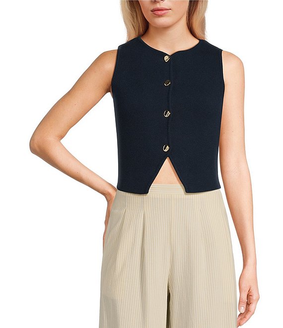 Blu Pepper Sleeveless Knit Button Front Split Hem Cropped Sweater Vest, Navy - Image 1