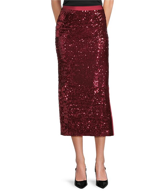 Hugo Boss BOSS By Hugo Boss Sequin Knit Contrast Midi Skirt, Deep Ruby - Image 1