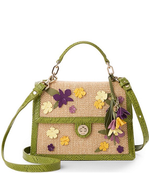BRAHMIN Flora Collection Small Hallie 3D Floral Applique Raffia Satchel Bag