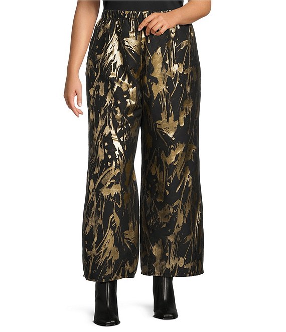 Bryn Walker Plus Size Coordinating Medina Foglia D'oro Gold Print Elastic Waist Tapered Wide Leg Pants, Gold - Image 1