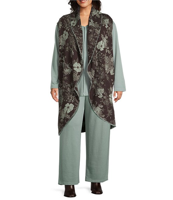 Bryn Walker Plus Size Oversized Floral Print Bamboo Fleece Shawl Collar Sleeveless Wrap Vest, Thyme - Image 1