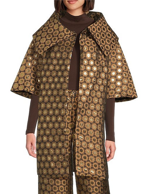 Buru Oversized Point Collar Short Sleeve Open Front Coordinating Topper Jacket, Chocolate Daisy Brocade - Image 1