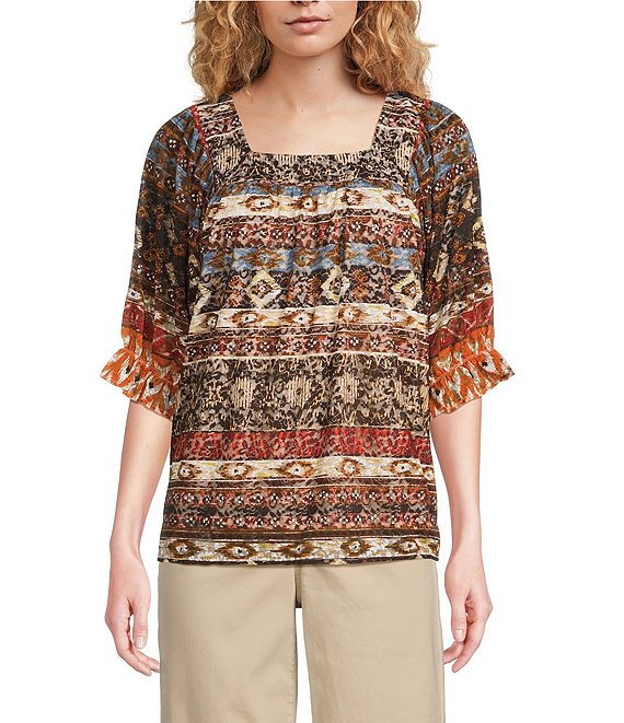 Calessa Abstract Border Print Square Neck Elbow Sleeve Mesh Knit Tunic, Sand Multi - Image 1