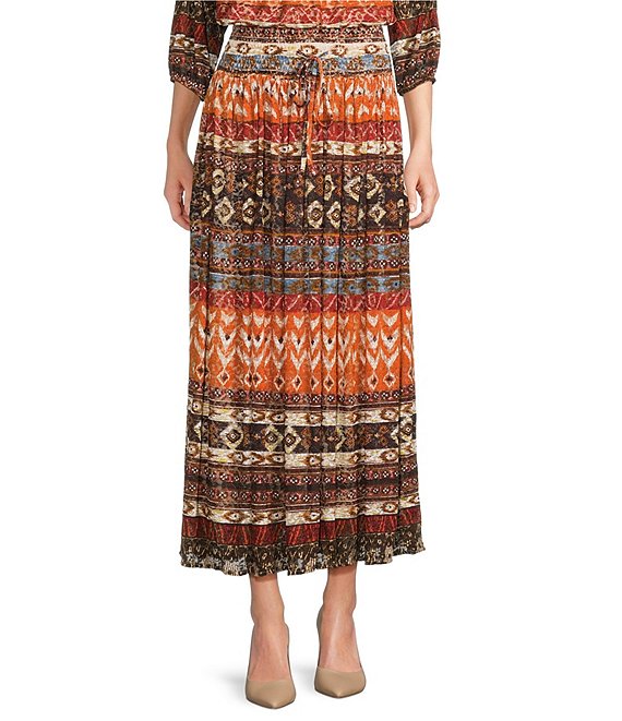 Calessa Coordinating Abstract Border Mesh A-Line Pull-On Midi Skirt, Sand Multi - Image 1