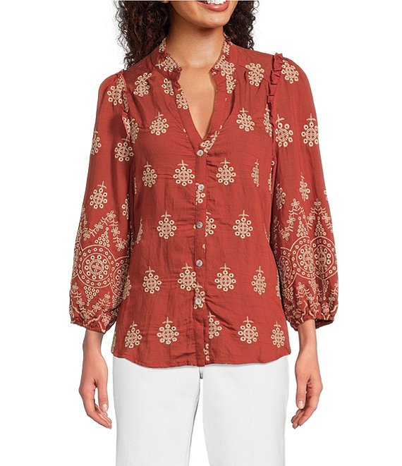 Calessa Embroidered Medallion Print Split V-Neck Bracelet Length Sleeve Button Front Tunic, Crimson/Sand - Image 1