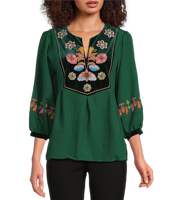 Calessa Embroidered Patchwork Print Round Split V-Neck 3/4 Sleeve Tunic, Emerald Multi - Image 1