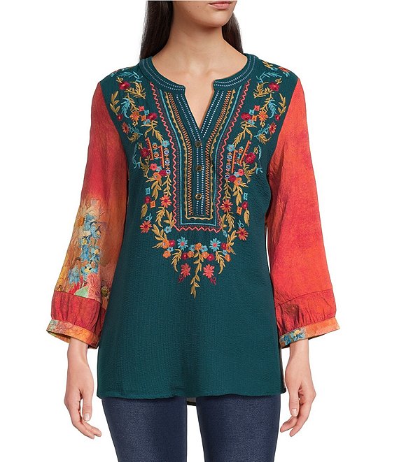 Calessa Embroidered Patchwork Print Split V-Neck Wrist Sleeve Tunic, Emerald Multi - Image 1