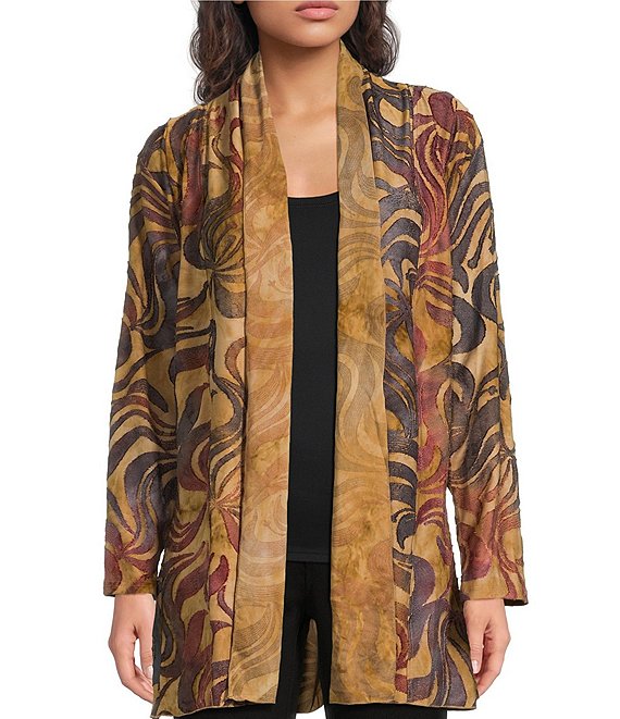 Calessa Knit Burnout Tie-Dye Camel Multi Print Wrist Sleeve Open-Front Cardigan, Camel Multi - Image 1