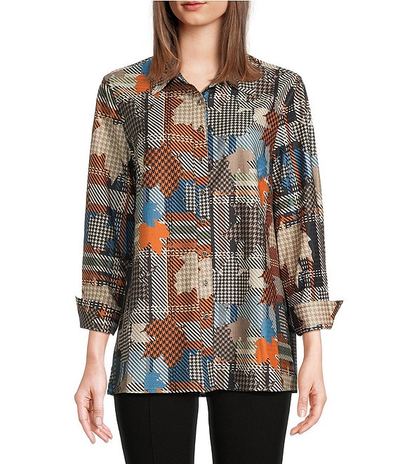 Calessa Patchwork Check Point Collar Long Sleeve Tunic, Sand Multi - Image 1