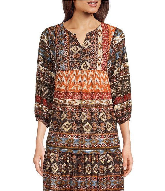 Calessa Petite Size Coordinating Abstract Border Print Split V-Neck 3/4 Sleeve Popover Mesh Tunic, Sand Multi - Image 1