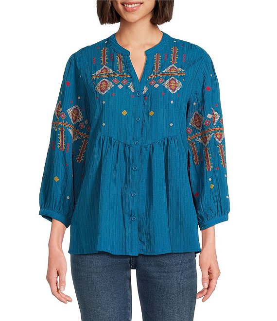 Calessa Petite Size Crinkle Textured Ikat Embroidered Split V-Neck 3/4 Sleeve Button Front Tunic, Turquoise Multi - Image 1