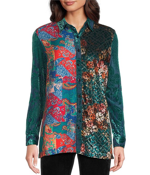 Calessa Petite Size Crinkle Woven Patchwork Point Collar Long Sleeve Button Front Shirt, Emerald Multi - Image 1