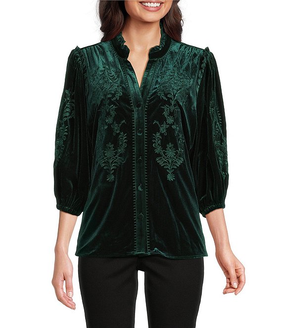 Calessa Petite Size Embroidered Ruffle Split V-Neck 3/4 Sleeve Button Front Velvet Tunic, Emerald - Image 1