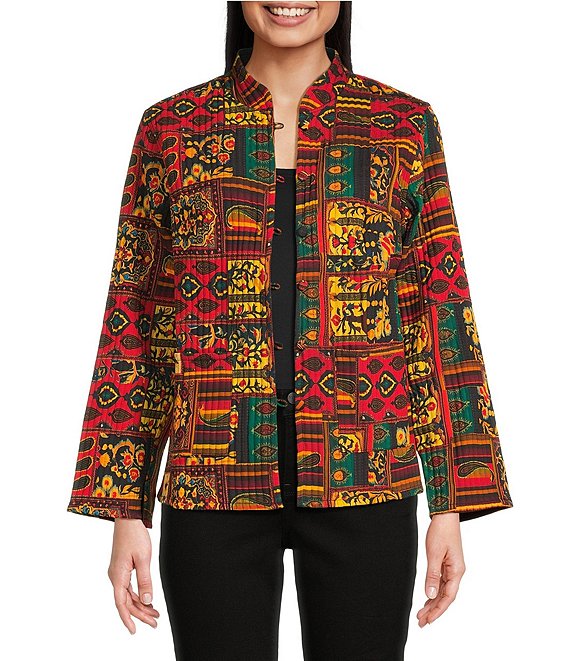Calessa Petite Size Festive Patchwork Stand Collar Long Sleeve Button-Front Reversible Shirt Jacket, Emerald Multi - Image 1