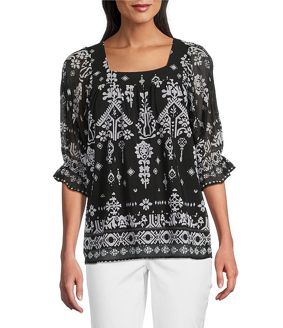 Calessa Petite Size Mesh Knit Abstract Mosaic Square Neck Elbow Puff Sleeve Blouse, Black/Sand - Image 1