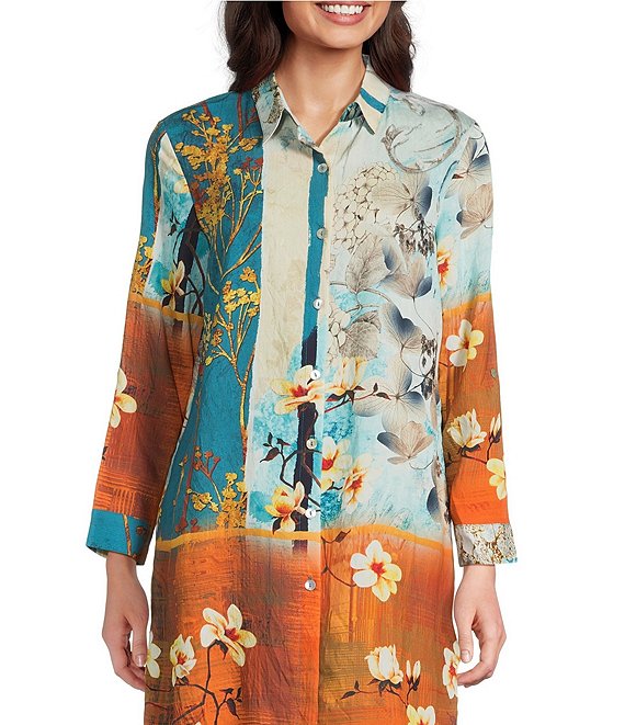 Calessa Petite Size Woven Border Leaves Print Point Collar Roll-Tab Sleeve Button Front Duster Tunic, Turquoise/Multi - Image 1