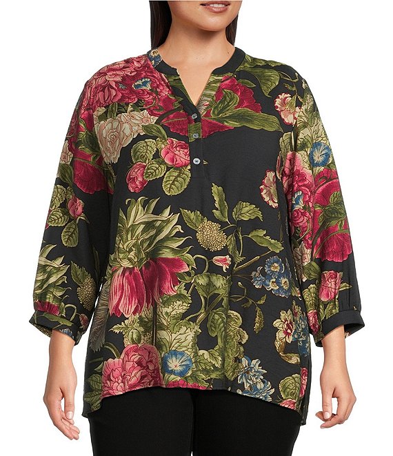 Calessa Plus Size Autumn Garden Banded Split V-Neck 3/4 Sleeve Coordinating Tunic, Black Multi - Image 1