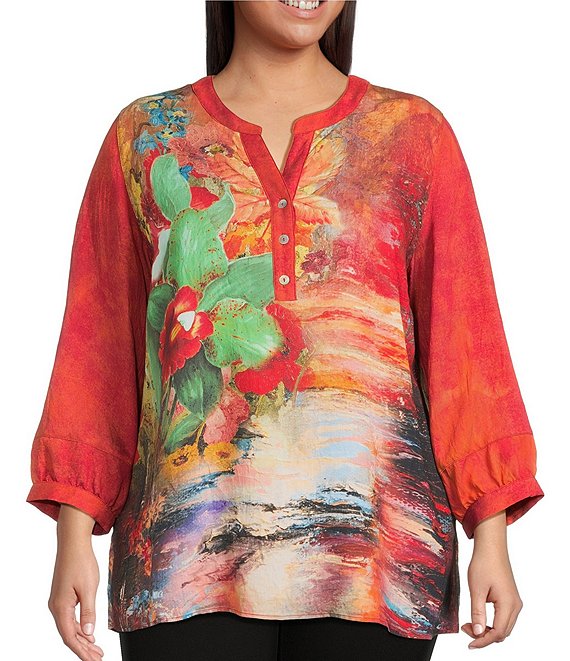 Calessa Plus Size Autumn Patchwork Partial Button-Front Placket Bracelet Sleeve Tunic, Crimson Multi - Image 1